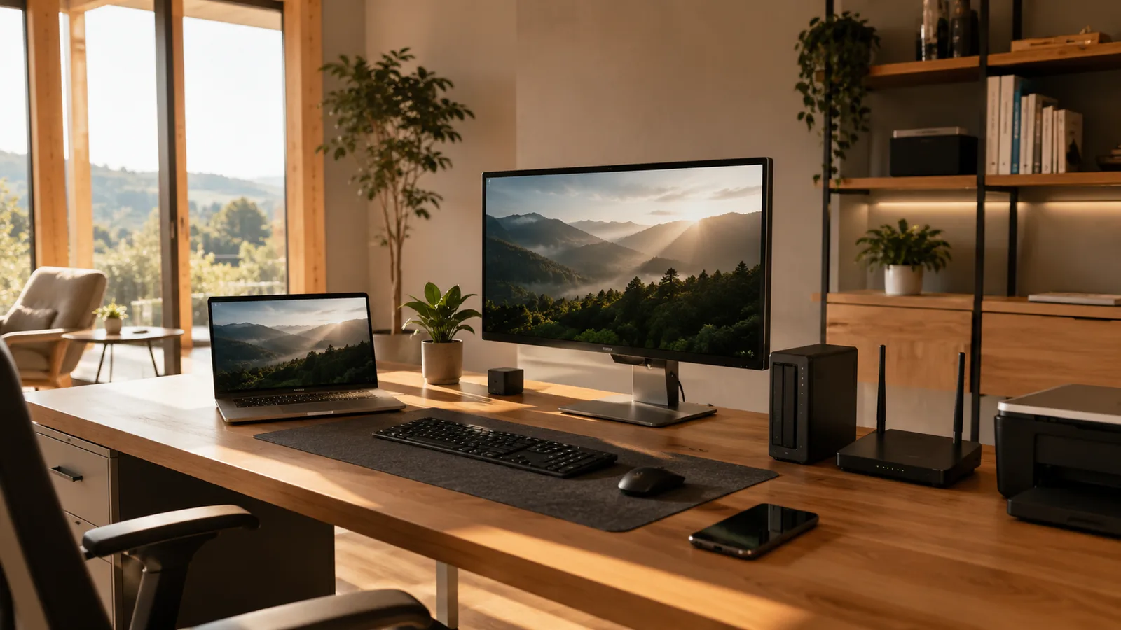 Modernes Homeoffice mit Laptop, Monitor, Drucker und WLAN-Router, IT-Hilfe für Zuhause von Smart Solution