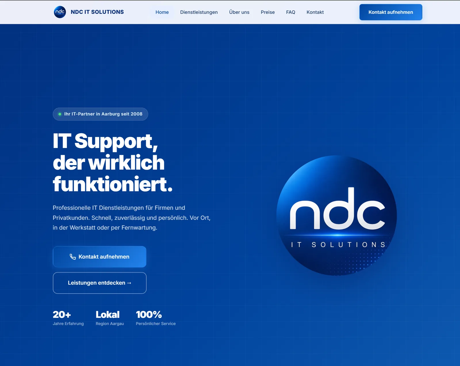 Von Smart Solution erstellte Website für NDC IT Solutions in Aarburg, dunkelblaue Startseite mit Hero und Markenlogo
