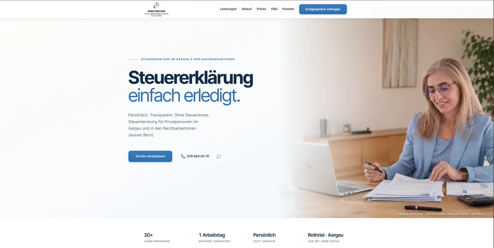 Von Smart Solution erstellte Website für die Steuerberatung Maria Häfliger in Rothrist, helle Startseite mit Foto und Terminbuchung